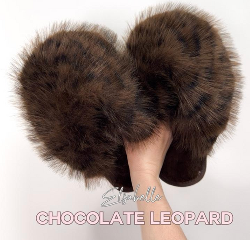 Chocolate Leopard CANDY Viral XL Faux Fur Fluffy Slippers
