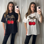 Leopard Cherry Bow Oversized Cotton T-Shirt