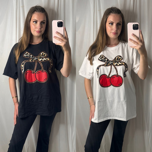 Leopard Cherry Bow Oversized Cotton T-Shirt