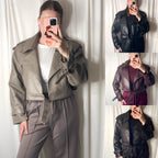 AUTUMN Faux Leather Cropped Trench Jacket