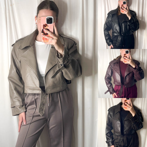 AUTUMN Faux Leather Cropped Trench Jacket